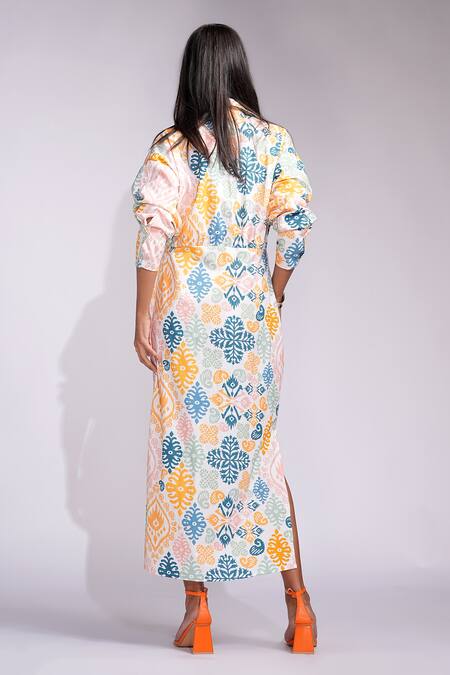 Shop_Shruti S_Beige Cotton Collared Printed Shirt Midi Dress _at_Aza_Fashions