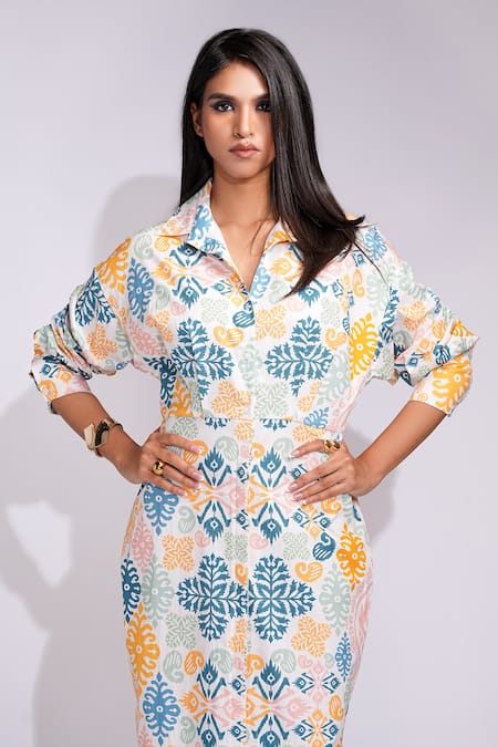 Buy_Shruti S_Beige Cotton Collared Printed Shirt Midi Dress _Online_at_Aza_Fashions