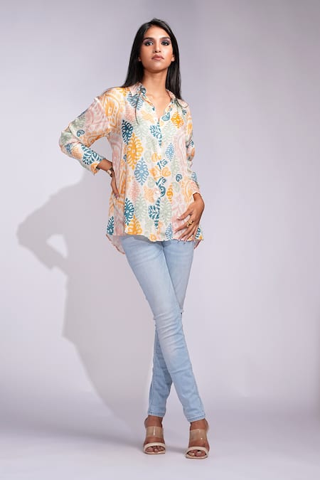 Shruti S_Beige Modal, Satin Collared Ikat Print Shirt _Online_at_Aza_Fashions