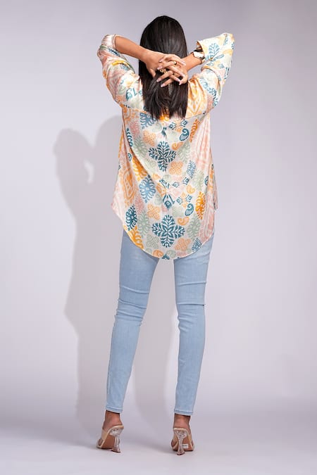 Shop_Shruti S_Beige Modal, Satin Collared Ikat Print Shirt _at_Aza_Fashions