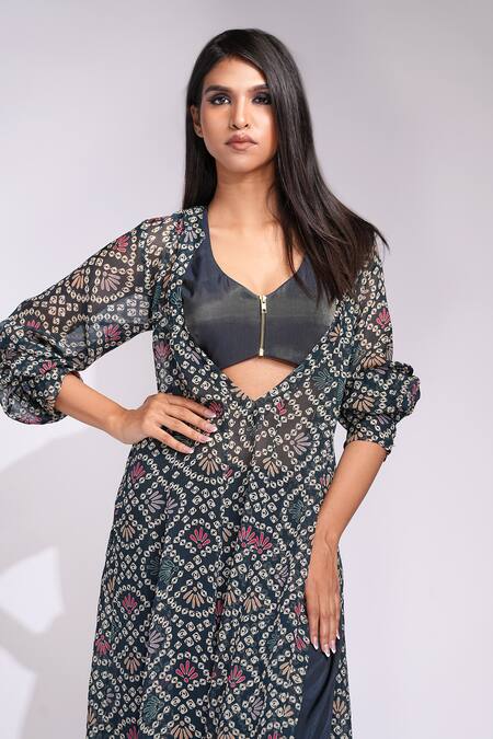 Shop_Shruti S_Navy Cotton V-neck Bandhani Digital Print Kurta Set _Online_at_Aza_Fashions