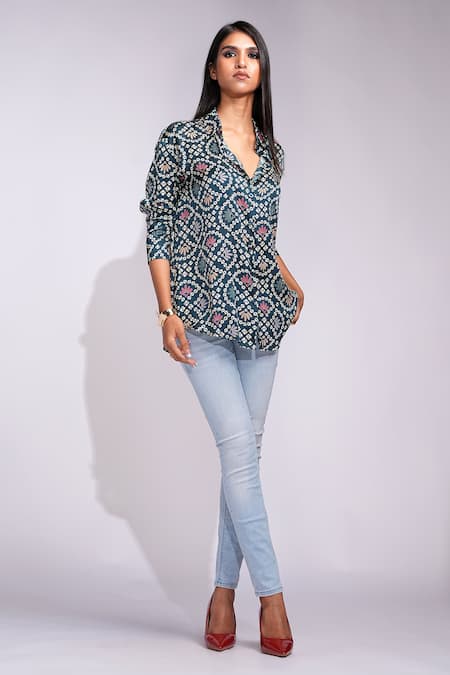 Shruti S_Navy Modal Collared Bandhani Print Satin Shirt _Online_at_Aza_Fashions
