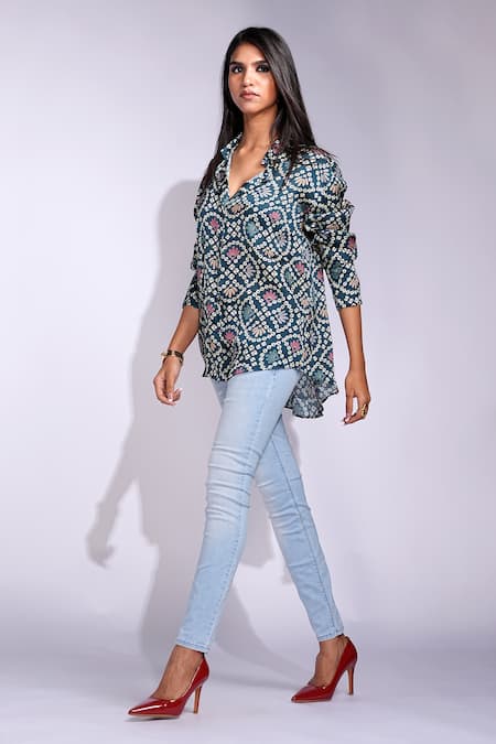 Buy_Shruti S_Navy Modal Collared Bandhani Print Satin Shirt _Online_at_Aza_Fashions