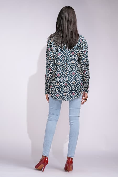 Shop_Shruti S_Navy Modal Collared Bandhani Print Satin Shirt _at_Aza_Fashions