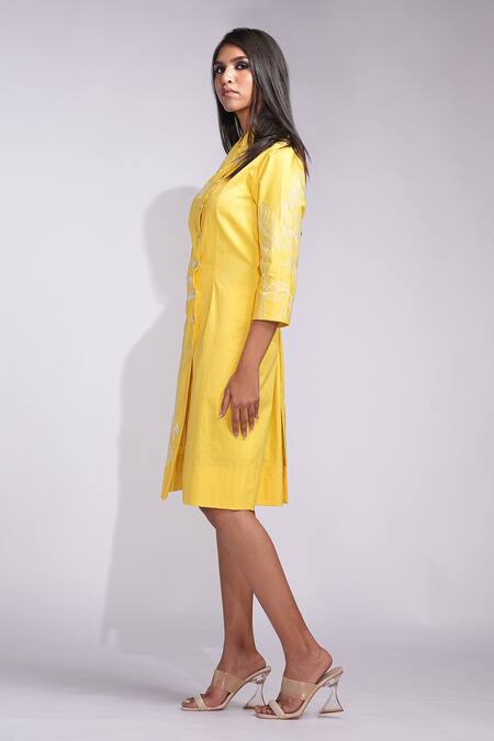 Shruti S_Yellow Cotton Embroidery Button-down Neck Chic Midi Dress _Online_at_Aza_Fashions