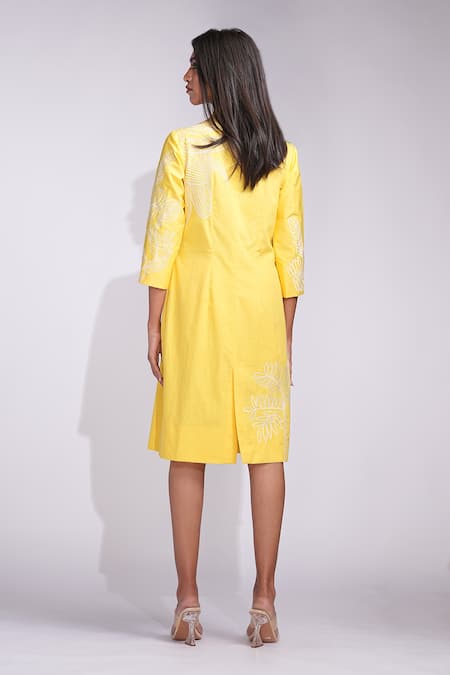 Shop_Shruti S_Yellow Cotton Embroidery Button-down Neck Chic Midi Dress _at_Aza_Fashions