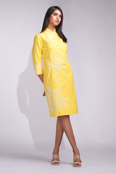 Buy_Shruti S_Yellow Cotton Embroidery Button-down Neck Chic Midi Dress _Online_at_Aza_Fashions