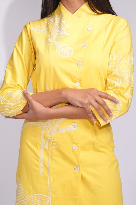 Shruti S_Yellow Cotton Embroidery Button-down Neck Chic Midi Dress _at_Aza_Fashions