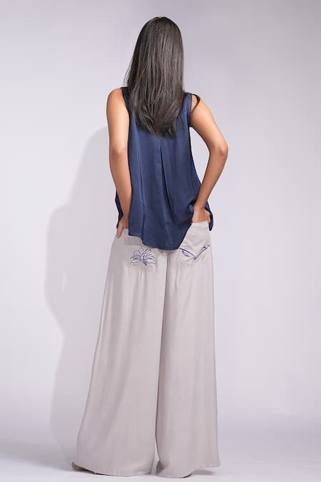 Shop_Shruti S_Navy Modal, Cotton Embroidery Collared Tropical Grey And Blue Coord Set _at_Aza_Fashions