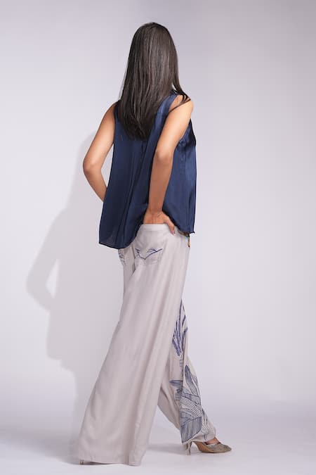 Shruti S_Navy Modal, Cotton Embroidery Collared Tropical Grey And Blue Coord Set _Online_at_Aza_Fashions