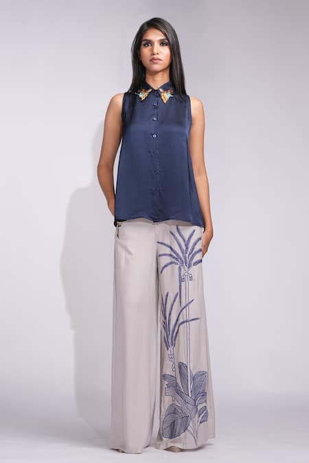 Shop_Shruti S_Navy Modal, Cotton Embroidery Collared Tropical Grey And Blue Coord Set _Online_at_Aza_Fashions