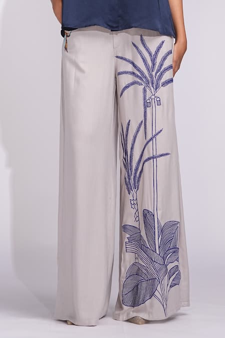 Shruti S_Navy Modal, Cotton Embroidery Collared Tropical Grey And Blue Coord Set _at_Aza_Fashions