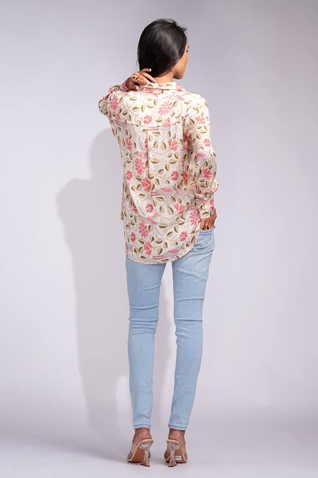 Shop_Shruti S_Beige Modal Collared Kantha Print Satin Shirt _at_Aza_Fashions