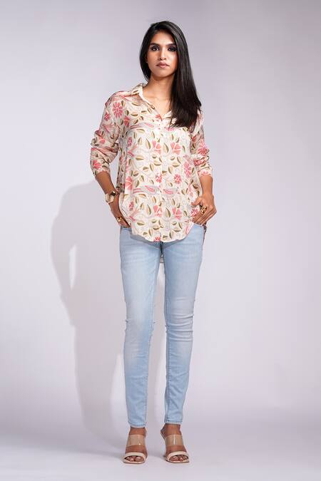 Shruti S_Beige Modal Collared Kantha Print Satin Shirt _Online_at_Aza_Fashions