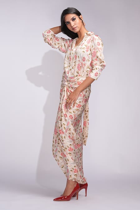 Shop_Shruti S_Beige Modal, Satin Collared Kantha Print Shirt And Wrap Skirt Set _Online_at_Aza_Fashions