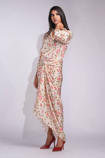 Shruti S_Beige Modal, Satin Collared Kantha Print Shirt And Wrap Skirt Set _at_Aza_Fashions
