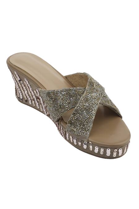 Shop_Sole Mates by Palak_Gold Sequins, Embroidery Sundowner Wedge _Online_at_Aza_Fashions