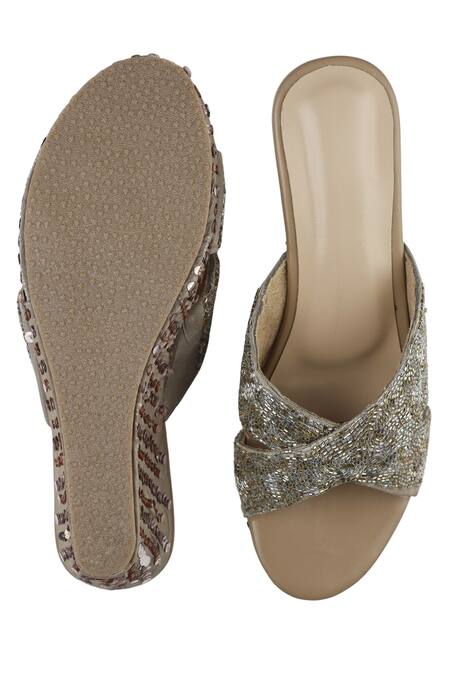 Sole Mates by Palak_Gold Sequins, Embroidery Sundowner Wedge _at_Aza_Fashions