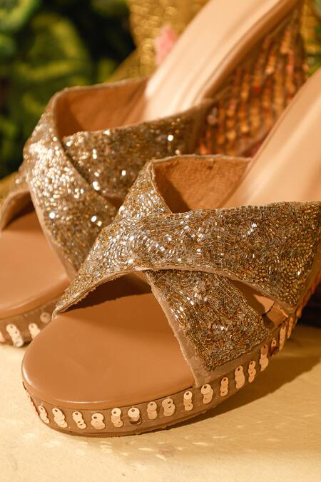 Shop_Sole Mates by Palak_Gold Sequins, Embroidery Sundowner Wedge 