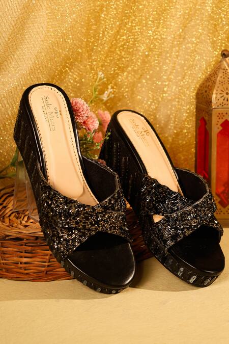 Sole Mates by Palak Twilight Black Embroidered Wedge 