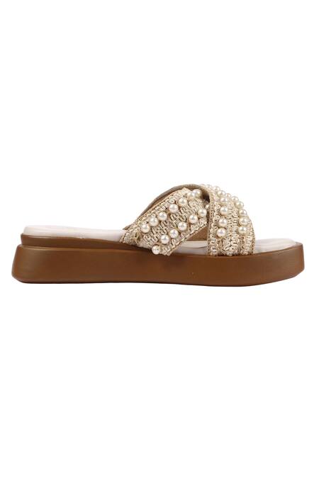 Sole Mates by Palak_Cream Pearls Embellished Crochet Wedges _Online_at_Aza_Fashions