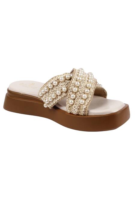 Buy_Sole Mates by Palak_Cream Pearls Embellished Crochet Wedges _Online_at_Aza_Fashions