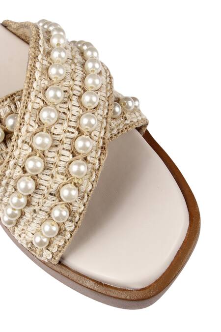 Shop_Sole Mates by Palak_Cream Pearls Embellished Crochet Wedges _Online_at_Aza_Fashions