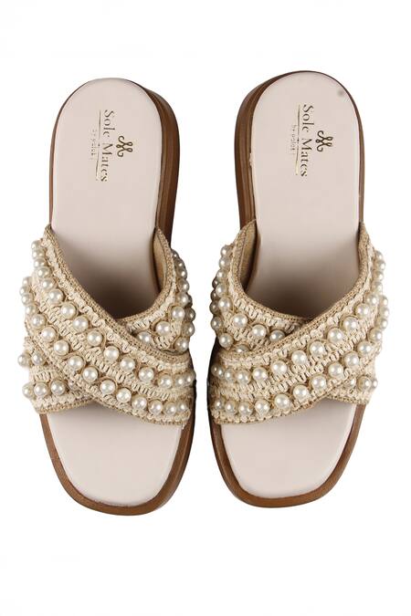Sole Mates by Palak_Cream Pearls Embellished Crochet Wedges _at_Aza_Fashions
