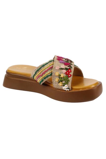 Buy_Sole Mates by Palak_Multi Color Embroidery Floral Slide Wedge Sandals _Online_at_Aza_Fashions
