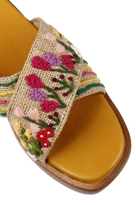 Shop_Sole Mates by Palak_Multi Color Embroidery Floral Slide Wedge Sandals _Online_at_Aza_Fashions