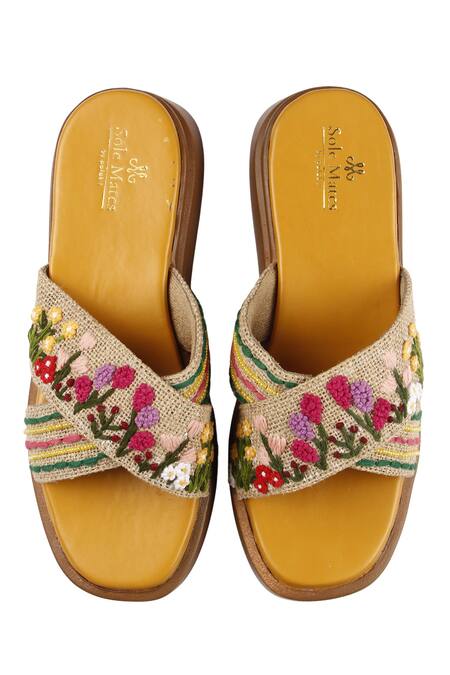 Sole Mates by Palak_Multi Color Embroidery Floral Slide Wedge Sandals _at_Aza_Fashions