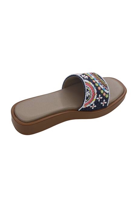Buy_Sole Mates by Palak_Navy Embroidery, Beads Blue Tweed Flats _Online_at_Aza_Fashions