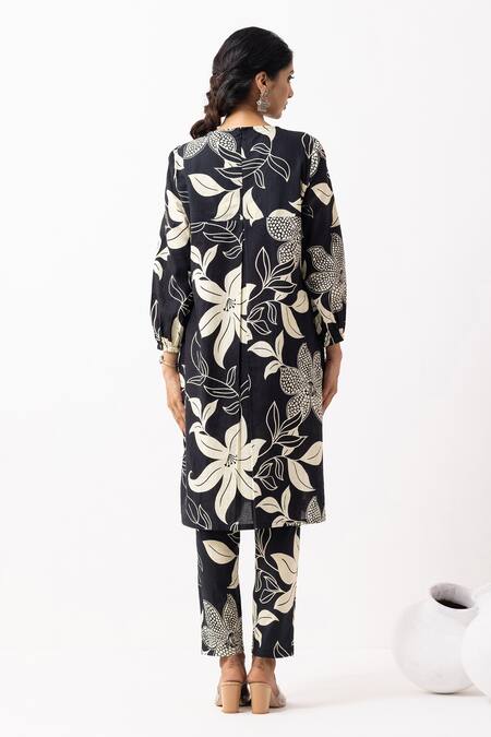 Shop_The Indian Cause_Black Cotton Round Neck Block Printed Maya Kurta Set _at_Aza_Fashions