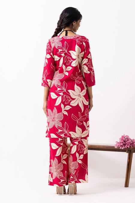 Shop_The Indian Cause_Cream Cotton V-neck Block Printed Kurta Set With Palazzo Pants _at_Aza_Fashions