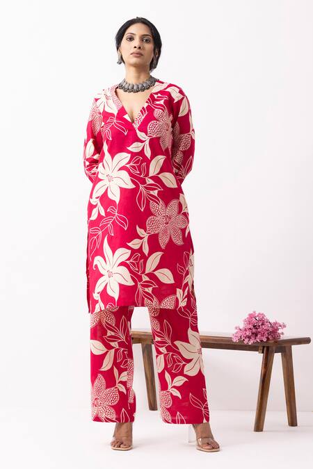 The Indian Cause_Cream Cotton V-neck Block Printed Kurta Set With Palazzo Pants _Online_at_Aza_Fashions