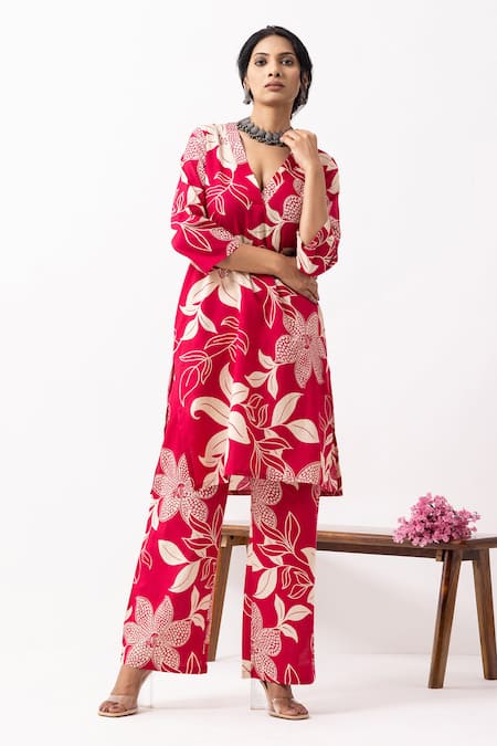 Shop_The Indian Cause_Cream Cotton V-neck Block Printed Kurta Set With Palazzo Pants _Online_at_Aza_Fashions