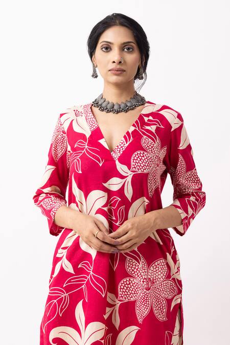 The Indian Cause_Cream Cotton V-neck Block Printed Kurta Set With Palazzo Pants _at_Aza_Fashions