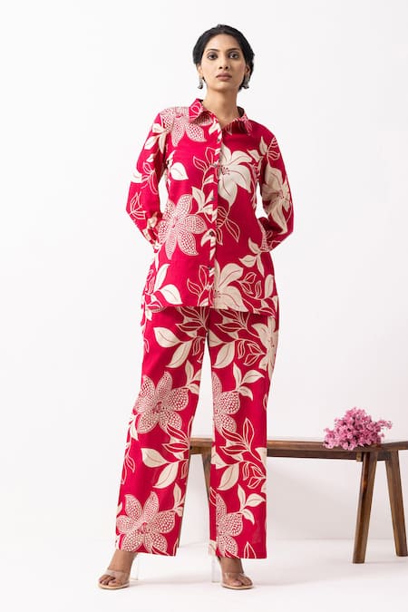 The Indian Cause_Red Cotton Collared Floral Print Co-ord Set _Online_at_Aza_Fashions