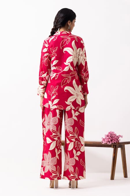 Shop_The Indian Cause_Red Cotton Collared Floral Print Co-ord Set _at_Aza_Fashions