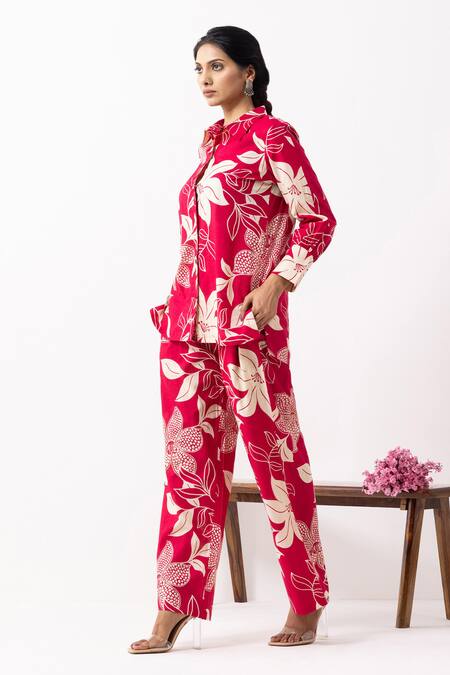 Buy_The Indian Cause_Red Cotton Collared Floral Print Co-ord Set _Online_at_Aza_Fashions