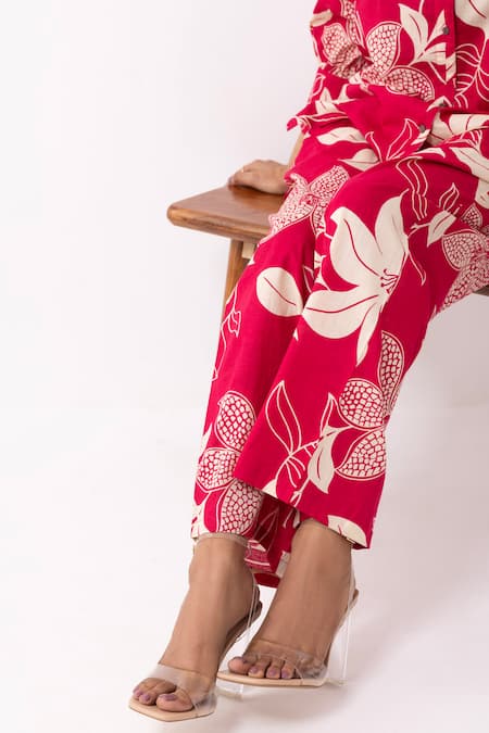 Shop_The Indian Cause_Red Cotton Collared Floral Print Co-ord Set _Online_at_Aza_Fashions