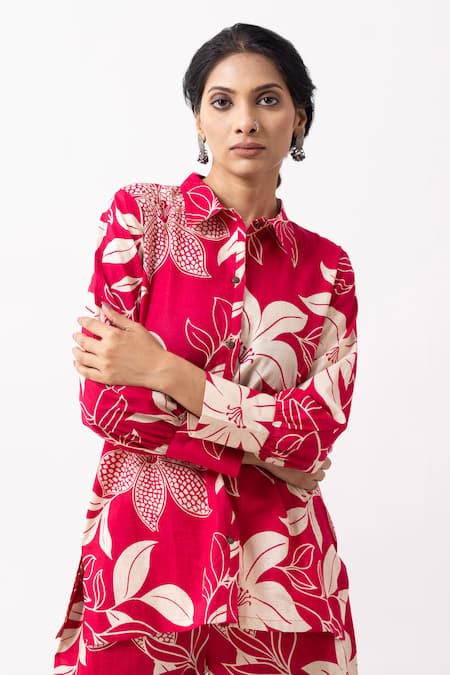 The Indian Cause_Red Cotton Collared Floral Print Co-ord Set _at_Aza_Fashions