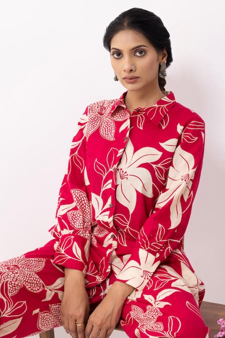 Buy_The Indian Cause_Red Cotton Collared Floral Print Co-ord Set 