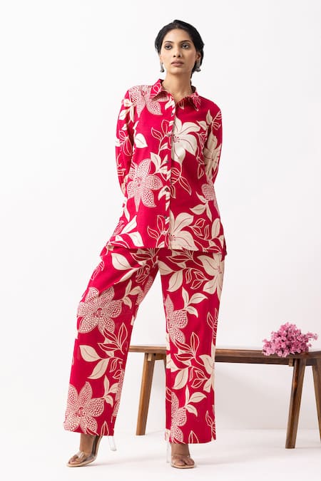 Shop_The Indian Cause_Red Cotton Collared Floral Print Co-ord Set 