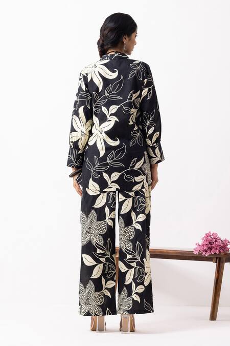 Shop_The Indian Cause_Black Cotton Collared Floral Print Pant Set _at_Aza_Fashions
