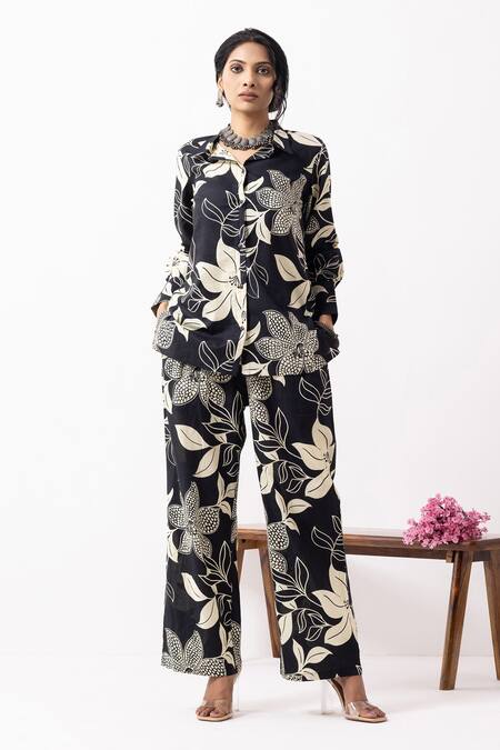 The Indian Cause_Black Cotton Collared Floral Print Pant Set _Online_at_Aza_Fashions