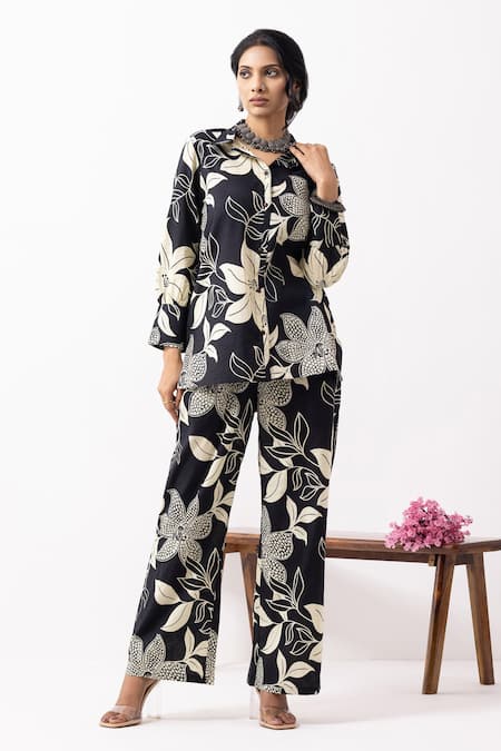 Shop_The Indian Cause_Black Cotton Collared Floral Print Pant Set _Online_at_Aza_Fashions