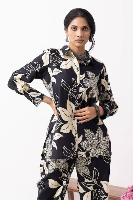 The Indian Cause_Black Cotton Collared Floral Print Pant Set _at_Aza_Fashions