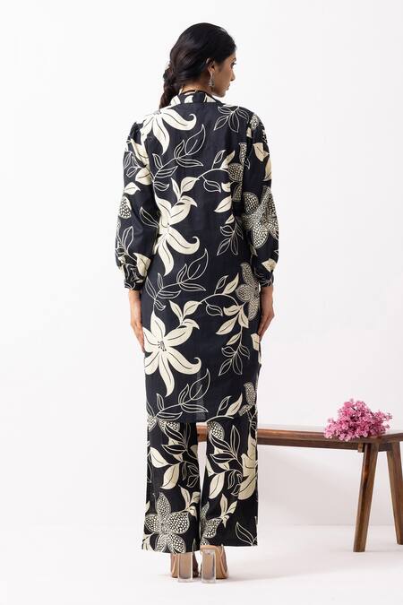 Shop_The Indian Cause_Black Cotton Collared Floral Block Printed Co-ord Set _at_Aza_Fashions