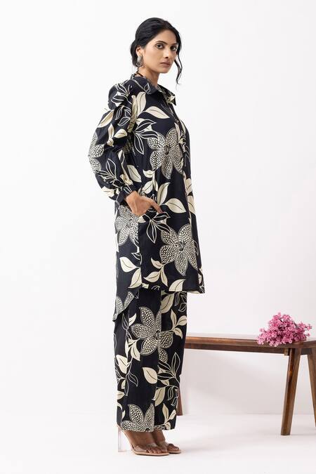 The Indian Cause_Black Cotton Collared Floral Block Printed Co-ord Set _Online_at_Aza_Fashions